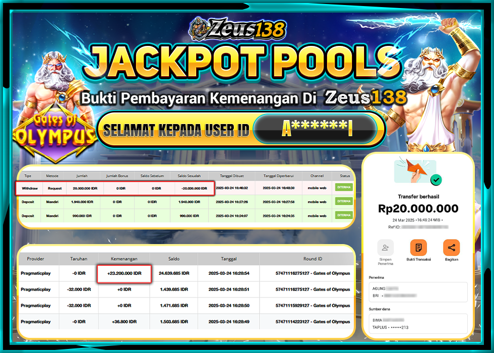 ZEUS138 JACKPOT GATES OF OLYMPUS Rp.20.000.000,- LUNAS