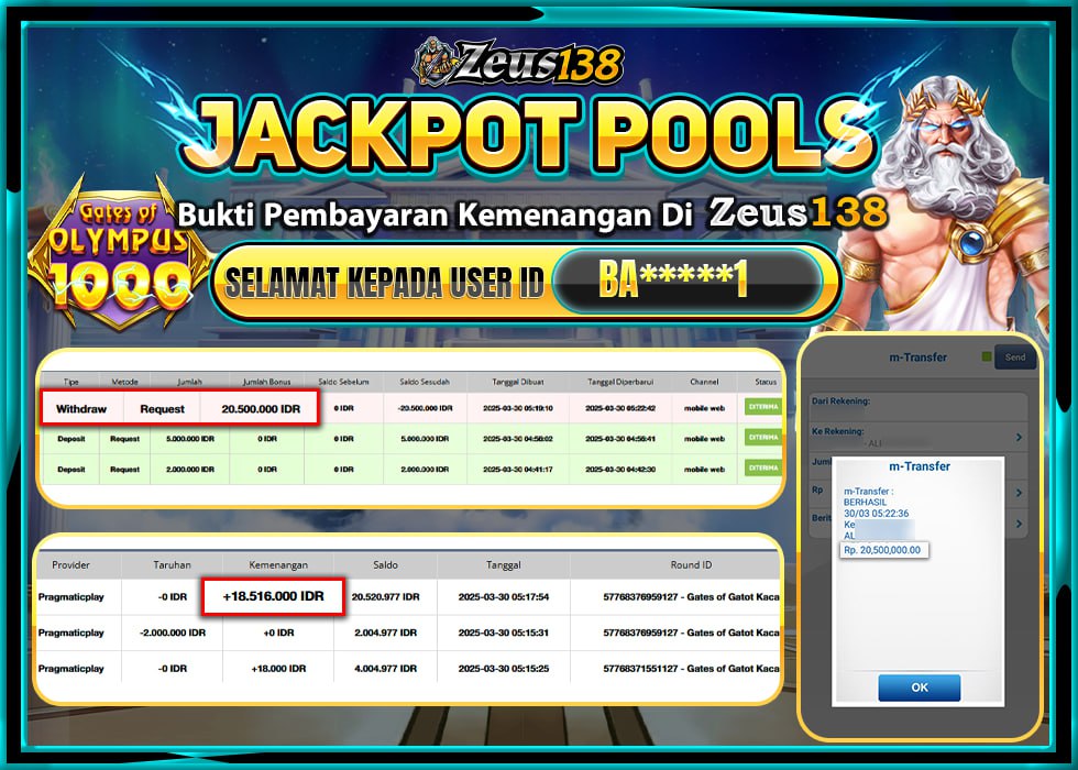 ZEUS138 JACKPOT GATES OF OLYMPUS 1000 Rp.20.500.000,- LUNAS
