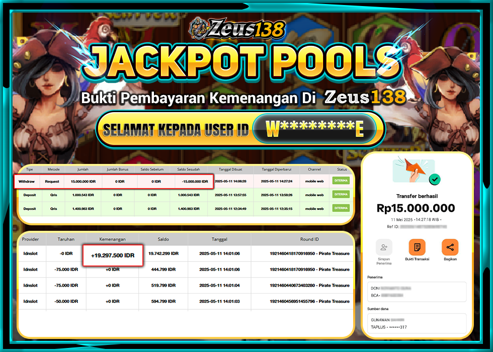 ZEUS138 PIRATE TREASURE Rp.15.000.000,- LUNAS