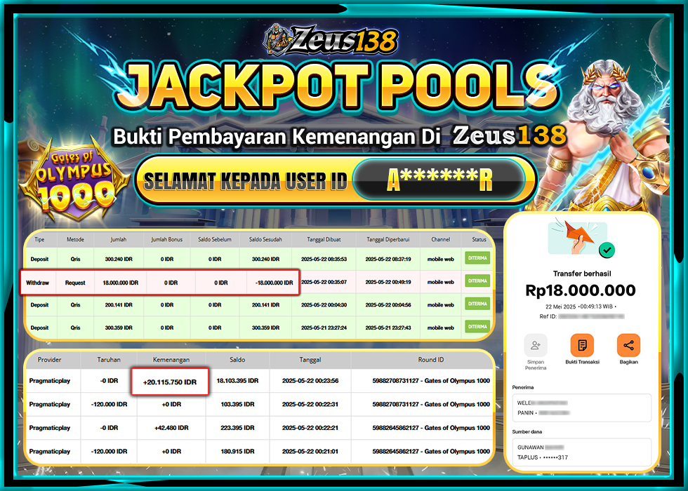 ZEUS138 GATES OF OLYMPUS 1000 Rp.18.000.000,- LUNAS