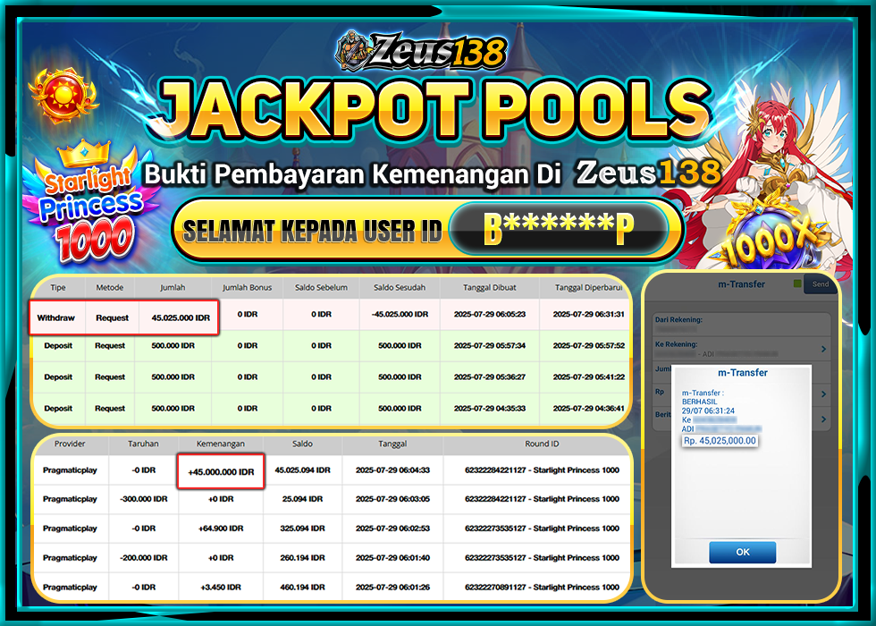 ZEUS138 STARLIGHT PRINCESS 1000 Rp.45.025.000,- LUNAS
