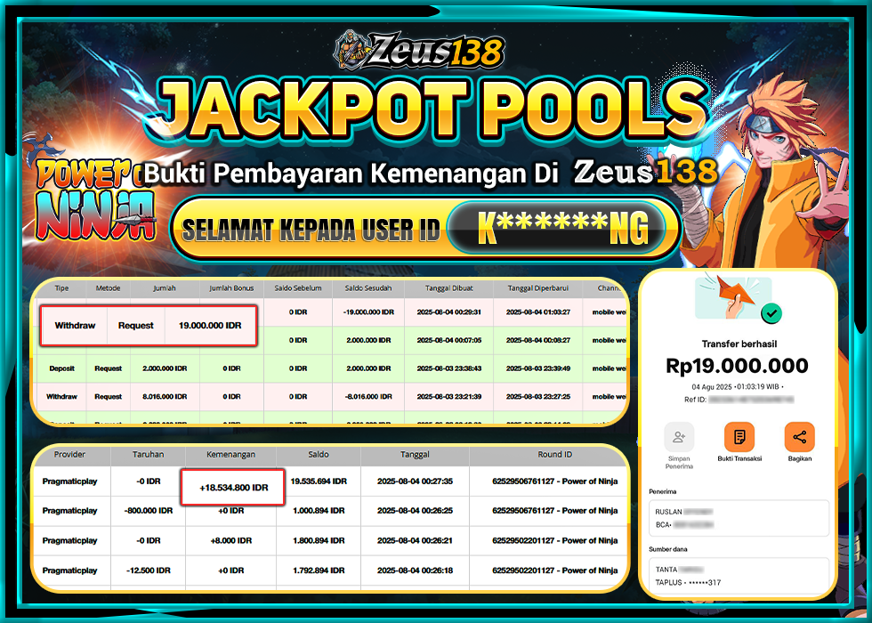 ZEUS138 POWER OF NINJA Rp.19.000.000,- LUNAS