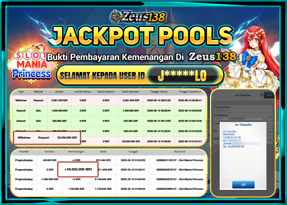 ZEUS138 SLOT MANIA PRINCESS Rp 25.000.000 LUNAS