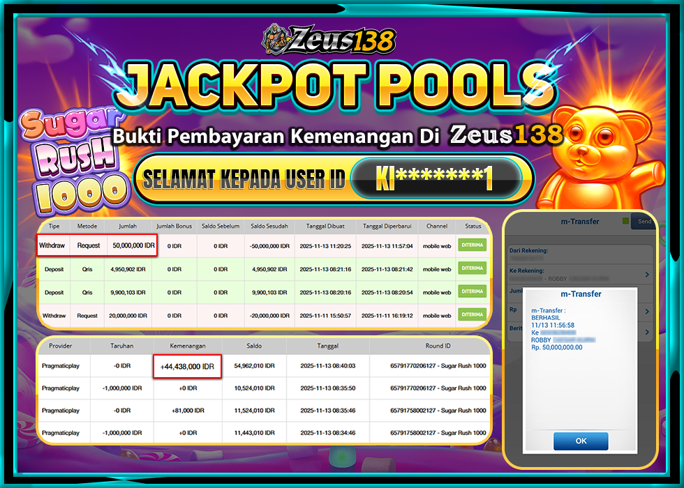 ZEUS138 SUGAR RUSH 1000 Rp 50,000,000 LUNAS 