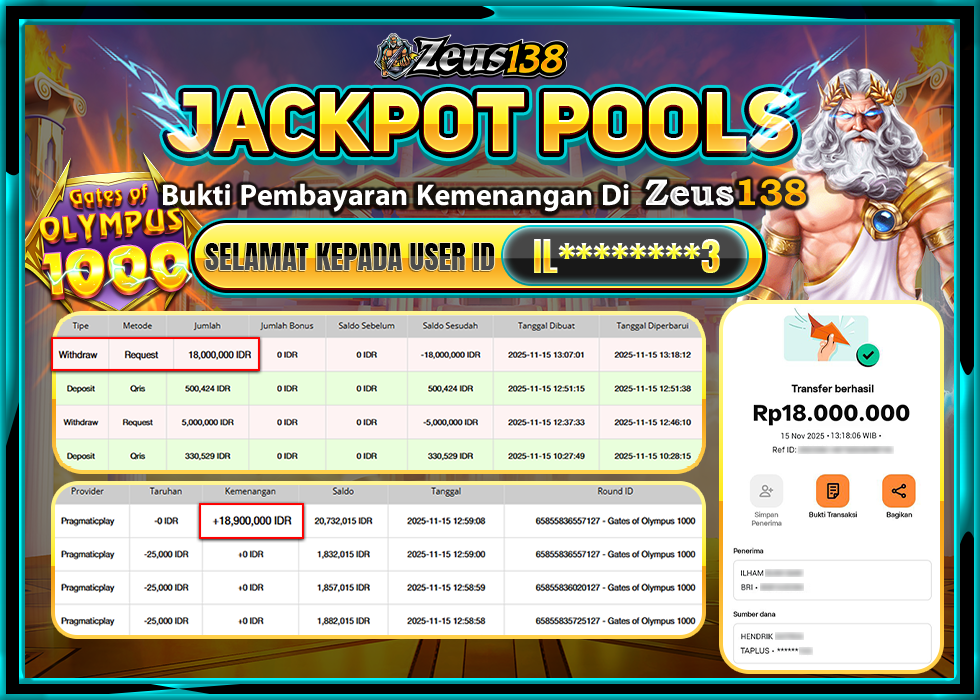ZEUS138 GATES OF OLYMPUS 1000 Rp 18,000,000 LUNAS 