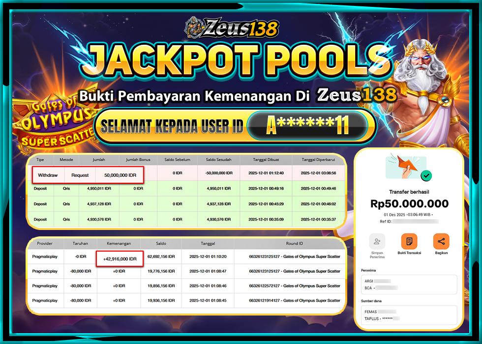 ZEUS138 GATES OF OLYMPUS SUPER SCATTER Rp.50,000,000 LUNAS 